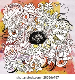 Summer doodles elements watercolor art background. Vector illustration