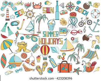 Summer doodles hand drawn vector symbols and objects set