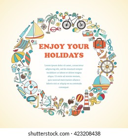 Summer doodles hand drawn vector symbols and objects in form of round. Vector card on a summer holiday theme