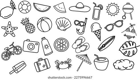 Summer doodles icon set  Hand drawn lines cartoon icons collection  Vector illustration 