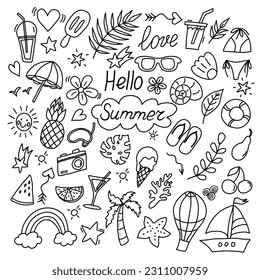 Summer doodles icon set. Hand drawn lines icons collection. Set of summer beach items. Clip-art collection of things for vacation. Vector illustration isolated on white background.