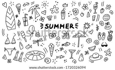 Summer doodles icon set. Hand drawn lines cartoon icons collection. Vector illustration.