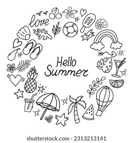 Summer doodles icon set in round. Hello Summer. Hand drawn lines icons collection. Set of summer beach items.