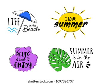 Summer doodles - multicolored icons with text. Vector.