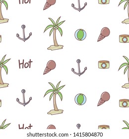 Summer doodles seamless pattern, anchor, coconut tree, camera, ice cream, ball