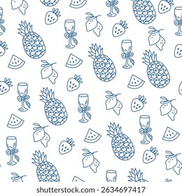 Verão doodles padrão sem costura com copo de vinho, melancia, limões e ananás. Wall art imprime decoração, para convites, design de menus. Vetor EPS10