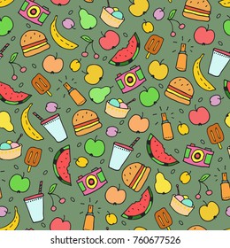 Summer doodles seamless pattern. Modern design for fabric and paper, web page background, surface textures.