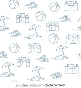 Summer doodles seamless pattern with sandcastle, ball, umbrella . Wall art prints decor, for invitations, menus design. Vector EPS10