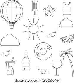 summer doodles set of 15 objects vector line art