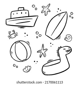 Sommerdoodles Set Kollektion. Handgezeichnete Dodle-Symbole zur Dekoration von Ferienheft, Poster, Postkarte. Schwarz-Weiß-Vektorgrafik. Die Inneneinrichtung der Linie. Einzeln auf weißem Hintergrund.