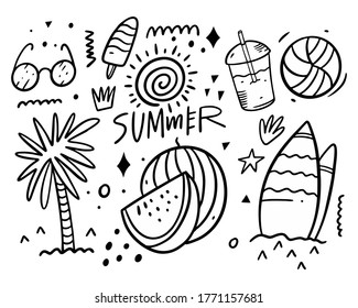 Summer doodles set collection. Palm tree, glasses, surf access, drink, ball, ice cream and sun. Black color vector illustration. Line art. Isolated on white background.