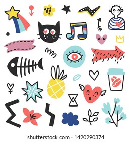Summer doodles set. Color vector items. Illustration with random elements. Design for prints and cards.