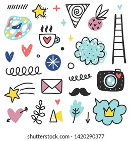 Summer doodles set. Color vector items. Illustration with random elements. Design for prints and cards.