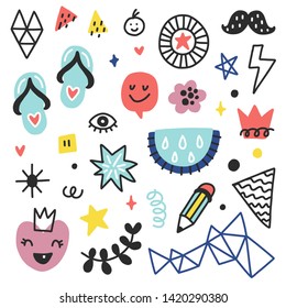Summer doodles set. Color vector items. Illustration with random elements. Design for prints and cards.