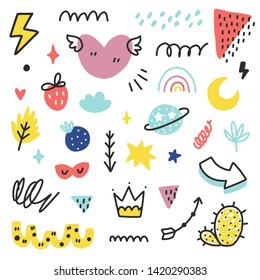 Summer doodles set. Color vector items. Illustration with random elements. Design for prints and cards.