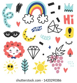 Summer doodles set. Color vector items. Illustration with random elements. Design for prints and cards.