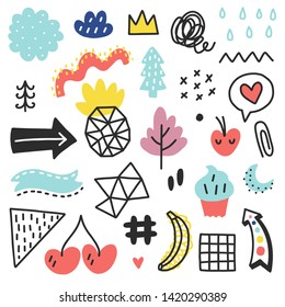 Summer doodles set. Color vector items. Illustration with random elements. Design for prints and cards.
