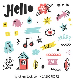 Summer doodles set. Color vector items. Illustration with random elements. Design for prints and cards.