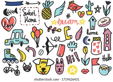 Summer doodles set. Hand style Color vector items. Illustration with random elements. Design for prints and cards.