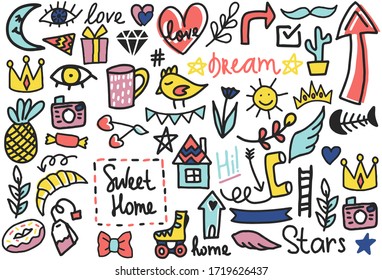 Summer doodles set. Hand style Color vector items. Illustration with random elements. Design for prints and cards.