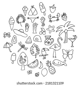 Summer doodles set. Vacation, tropical fruits, plants, animals. Vector illustration on white background.