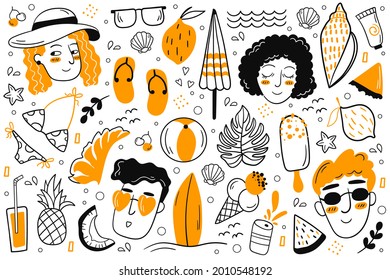 Summer doodles set. Vector illustration. Summer set of women's clothing, shoes. Sea, sun, fruit, food, drinks.