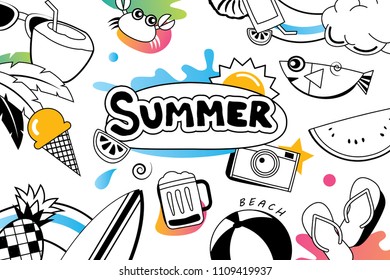 Summer doodles symbol and objects icon elements for beach party background. Hand drawn style. Use for labels, stickers, badges, poster, flyer, banner, illustration design.