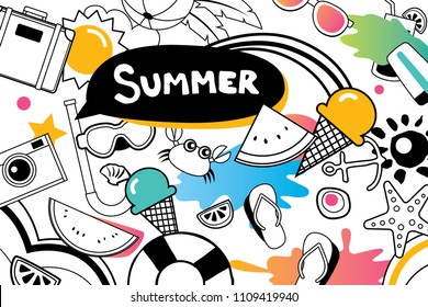 Summer doodles symbol and objects icon elements for beach party background. Hand drawn style. Use for labels, stickers, badges, poster, flyer, banner, illustration design.