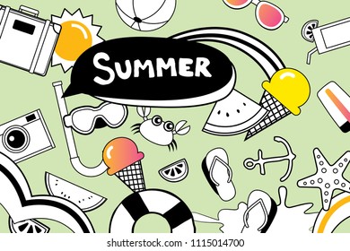 Summer doodles symbol and objects icon elements for beach party background. Hand drawn style. Use for labels, stickers, badges, poster, flyer, banner, illustration design.