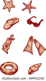 Summer Doodles-Set of beach items traced from my hand drawn sketch