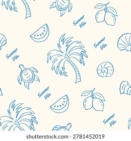 Summer doodle-style seamless pattern with lemons, palm trees, seashells, turtles, and watermelons. Hand-drawn Vector minimal line art. Concept: vacation, ocean, or print beach theme. Amalfi vibe art.
