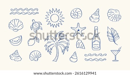 Summer doodle-style vector set with hand-drawn ink line art of seashells, turtle, lemon, palm tree, cocktail, champagne, sun, and sea. Great for vacation, ocean themes, and beach party designs. 