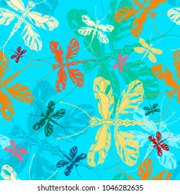 summer dragonflies of white, blue, orange, green and yellow hues on blue sky (seamless pattern)in decorative, graphic style