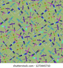 Summer dragonfly chaos multicolor seamless pattern.