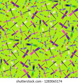 Summer dragonfly chaos multicolor seamless pattern.