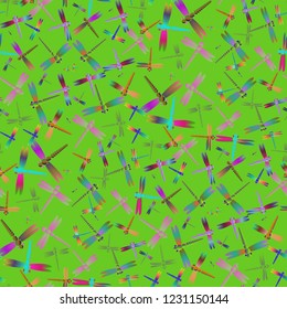 Summer dragonfly chaos multicolored seamless pattern.