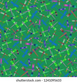 Summer dragonfly chaos multicolored seamless pattern.