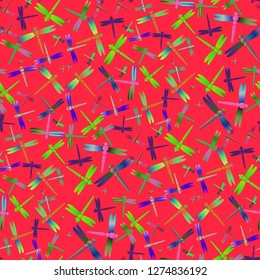 Summer dragonfly chaos multicolored seamless pattern.