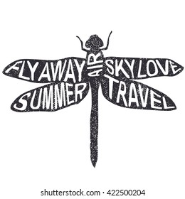Summer dragonfly vector illustration, Fly Away Summer Air Sky Love Travel lettering poster