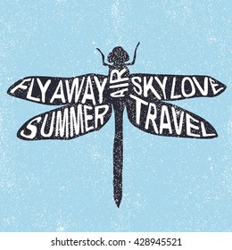 Summer dragonfly vector illustration, Fly Away Summer Air Sky Love Travel lettering poster
