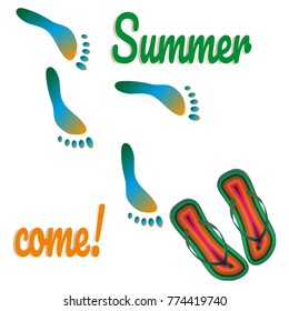 Summer drawing with text Summer come. Image of the beach, slippers, footprints on the sand. You can use for the design of postcards, flyers, stickers.