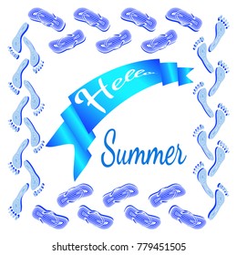 Summer drawing with text hello Summer. Image of the beach, slippers, footprints. You can use for the design of postcards, flyers, stickers.