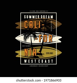 summer dream, california, west coast beach graphic design vector with surfboard and palm tree 