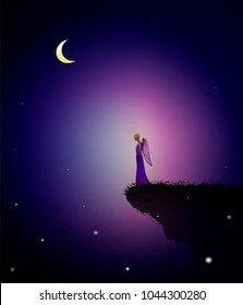 summer dream, fairy angel on the edge on the rock with pink gaze, fairy summer night, vector,