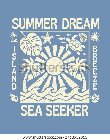 Summer Dream Tropical Beach Typography T-Shirt Design with Marine Life and Palm Trees