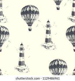 Summer dreams. Vector seamless pattern with vintage illustrations of travel symbols. Hand drawn texture with engraved lighthouse and aerostat isolated on white.