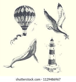 Summer dreams. Vector set of vintage illustrations in engraving style. Hand drawn aerostat, lighthouse, whale and seagull. Objects on sea travel theme isolated on white.