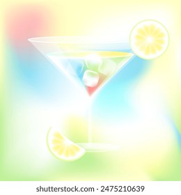 Summer dreamy blurred cocktail with ice cubes and lemon. Vector stock illustration.