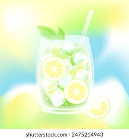 Summer dreamy blurred cold drink cocktail with ice cubes and lemon. Mojito or lemonade. Vector stock illustration.