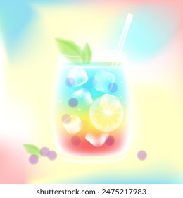 Summer dreamy blurred rainbow cold drink cocktail with ice cubes, berries and lemon. Vector stock illustration.